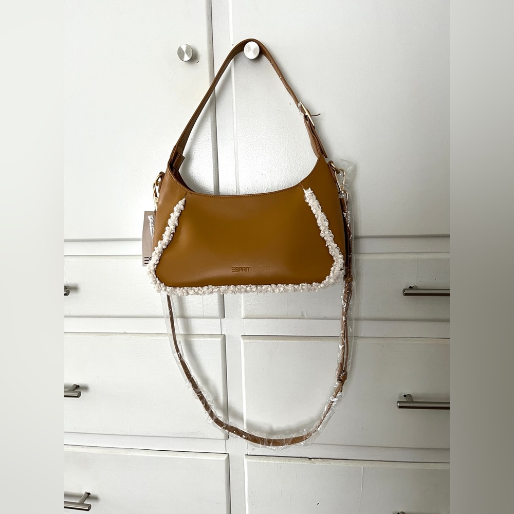 Esprit Brown faux Leather Shoulder Bag with Shearling Trim